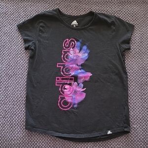 Adidas Pink and Black Short Sleeve Tee with Floral Graphic